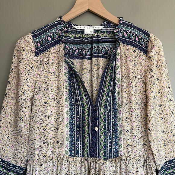 Veronica‎ Beard Lumi Dress Size 2 Silk Cream Beige Blue Floral Ruffles Chic Sexy - Picture 4 of 16